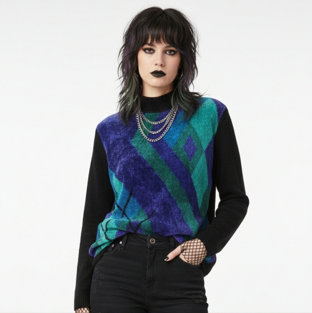 Vintage Koret Mock Neck Sweater Chenille Sequins Black Blue Argyle M